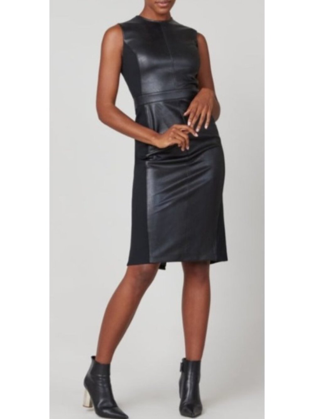 NEW $232 Spanx Leather-Like Combo Fitted Midi Dress Luxe Black Sleeveless Small
